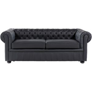 BELIANI Modern Leather Sofa 3 Seater Button Tufted Scroll Arms Black Chesterfield - Black