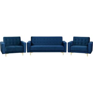 BELIANI Modern Velvet Sofa Suite 3 Seater Sofa Bed 2 Armchairs Navy Blue Aberdeen - Blue