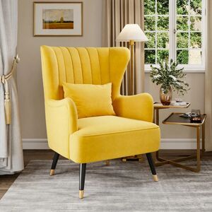 LIVINGANDHOME Occasion Velvet Wingback Armchair with Lumbar Pillow, Yellow