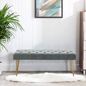 LIVINGANDHOME Velvet Buttoned Ottoman Footstool Gold Chrome Legs,Grey