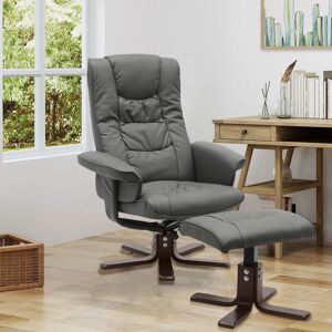 LIVINGANDHOME Pu Leather Swivel Reclining Office Armchair with Footstool, Grey