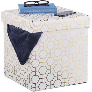 Folding Cube Seat, Padded Ottoman with Lid, Geometric Pattern, Storage Space, 38x38x38 cm, White-Gold - Relaxdays