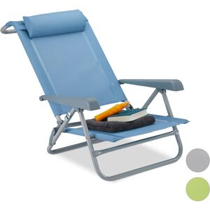 Folding Deck Chair, Neck Cushion, Bottle Opener, Adjustable Armrests, 120 kg, Textilene Fabric, Blue - Relaxdays