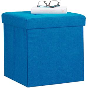 Folding Ottoman 38 x 38 x 38 cm Storage Chair, Footstool Pouf Box Cube, Removable Lid, Blue - Relaxdays