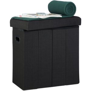 Folding Ottoman, HxWxD: 49.5 x 46 x 25.5 cm, with Storage, Foldable Footstool, Linen, Polyester, mdf, Black - Relaxdays