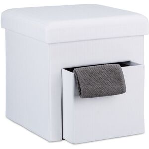 Folding Storage Ottoman Size: 38 x 38 x 38 cm, Sturdy Footstool with Practical Storage Compartment, Fabric, with Removable Lid, White - Relaxdays