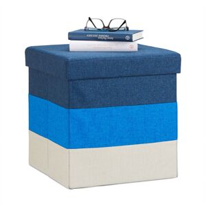 Padded Storage Ottoman, Colourful, Striped Seat, Folding Footstool hwd: 38 x 38 x 38 cm, Blue-White - Relaxdays