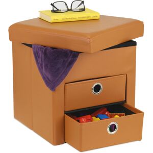 Pouffe with Storage Space, Padded Stool with Lid, Two Small Drawers, Foldable, hwd: 38 x 37.5 x 37.5 cm, Brown - Relaxdays