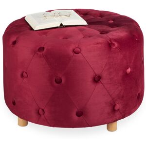 Relaxdays Round Velvet Ottoman, Padded Stool for Living Room, Decorative Footrest, Wooden Legs, HxØ: 41x65 cm, Maroon