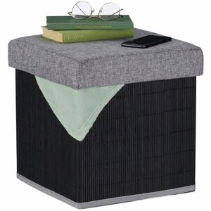 Stool with Storage, Padded, Folding, Bamboo & Fabric, HxWxD: 36 x 35 x 35 cm, Sofa Footstool, Black/Grey - Relaxdays