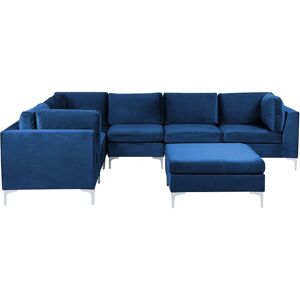 BELIANI Right Hand Modular L-Shaped Sofa Velvet 6 Seater Ottoman Metal Legs Blue Evja - Blue