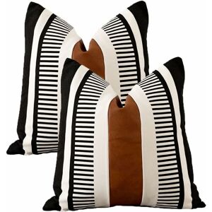 XUIGORT Set of 2 Black White Bohemian Cushion Covers with Modern Leather 18 x 18 Inch Firm Stripe Pillow Case for Sofa Bed