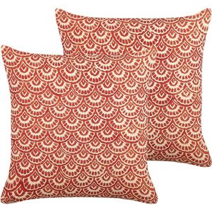 BELIANI Set of 2 Cotton Scatter Cushions Red Cream Geometric Pattern 45 x 45 cm rhus - Red