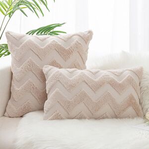 Set of 2 Cushion Covers Made of Artificial Wool and Velvet, Soft Plush Decorative Pillow Case with Wave Pattern, Beige, 45x45CM Groofoo