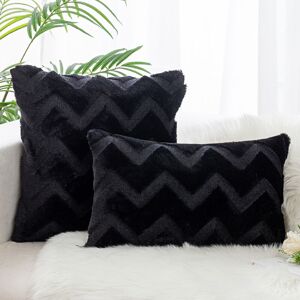 Groofoo - Set of 2 Cushion Covers Made of Artificial Wool and Velvet, Soft Plush Decorative Pillow Case with Wave Pattern, Black, 45x45CM