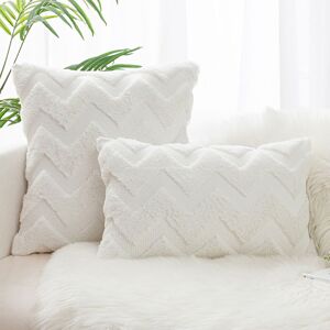 Groofoo - Set of 2 Cushion Covers Made of Artificial Wool and Velvet, Soft Plush Decorative Pillow Case with Wave Pattern, White, 45x45CM