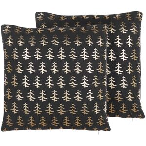 Beliani - Set of 2 Cushions Cotton Gold Foil Christmas Tree Pattern 45 x 45 cm Black Leroy - Black
