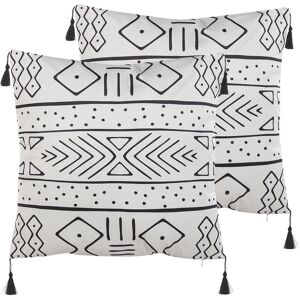 Beliani - Set of 2 Cushions Geometric Pattern Tassels 45 x 45cm White and Black Schefflera - White