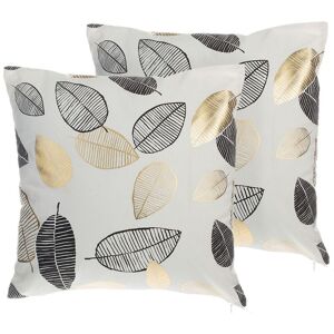 Beliani - Set of 2 Cotton Throw Pillows Gold Metallic Leaf Print 45 x 45 cm Lotus - White