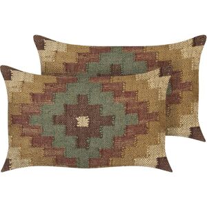 Beliani - Set of 2 Cushions Oriental Ethnic Pattern Jute Wool 30x50 cm Multicolour Maguri - Brown