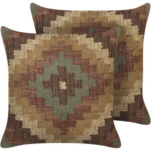 BELIANI Set of 2 Cushions Oriental Ethnic Pattern Jute Wool 45x45 cm Multicolour Maguri - Brown