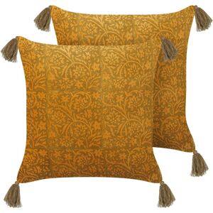 BELIANI Set of 2 Decorative Velvet Block Printed Throw Pillows Floral Pattern 45x45 cm Yellow Rheum - Yellow