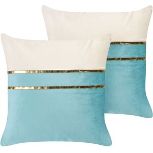 Beliani - Set of 2 Decorative Velvet Throw Pillows with Gold Lines 45 x 45 cm Blue and Beige Allium - Blue