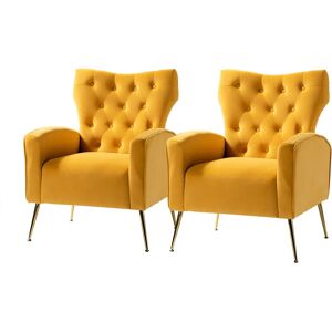 HULALA HOME Set of 2 Modern Wingback Velvet Arm Chair Upholstered Sofa Chair with Button Tufted and Gold Legs for Living Room Bedroom, Yellow