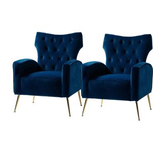 HULALA HOME Set of 2 Modern Wingback Velvet Arm Chair Upholstered Sofa Chair with Button Tufted and Gold Legs for Living Room Bedroom, Blue