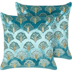 Beliani - Set of 2 Scatter Cushions Velvet Pillow Decorative Handmade Seashell Embroidery Square 45 x 45 cm Turquoise and Gold Pandorea - Blue