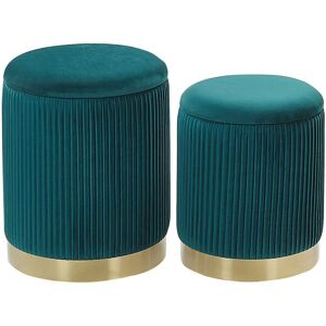 Beliani - Modern Glamorous Set of 2 Storage Pouffes Velvet Upholstery Teal Blue Miramar - Blue