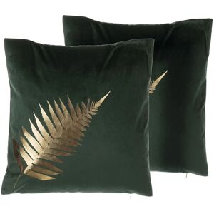 Beliani - Set of 2 Decorative Accent Pillows Green Velvet Gold Leaf Design 45 x 45 cm Fern - Green