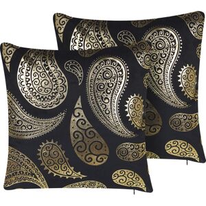 Beliani - Set of 2 Velvet Scatter Cushions Paisley Foil Print 45 x 45 cm Gold Ursina - Black