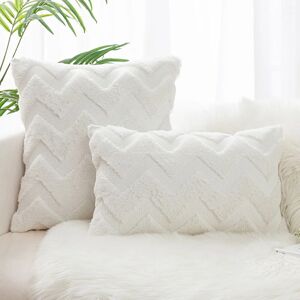 Groofoo - Set of 4 Artificial Wool and Velvet Cushion Covers, Soft Plush Decorative Pillow Case with Wave Pattern, White, 30x50CM
