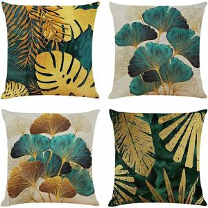 HÉLOISE Set of 4 Cushion Covers 40x40cm Square Green and Gold Leaves Linen Sofa Cushion Covers for Living Room Couch Pillow Cases