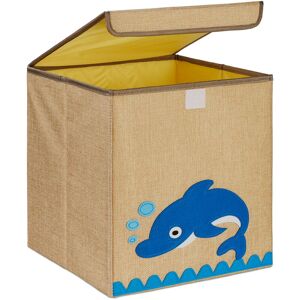 Storage Box for Kids, Dolphin Print, Toy Basket, Foldable, HxWxD: 33 x 33 x 33 cm, Toy Box, Beige/Blue - Relaxdays