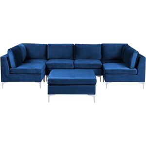 BELIANI U Shape Modular Sofa Velvet 6 Seater with Ottoman Metal Legs Blue Evja - Blue