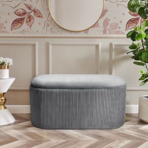 Livingandhome - Elliptical Velvet Ottoman Storage Bench, Grey