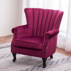 Warmiehomy - Wine Red Vintage Velvet Wing Back Armchair with Studs