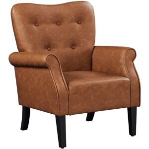 Yaheetech Modern Faux Leather Accent Chair Armchair with Tufted High Back, Roll Arms, Solid Wood Legs, Retro Brown