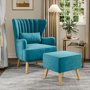 LIVINGANDHOME Suede Wingback Armchair with Footstool and Lumbar Pillow, Teal Blue