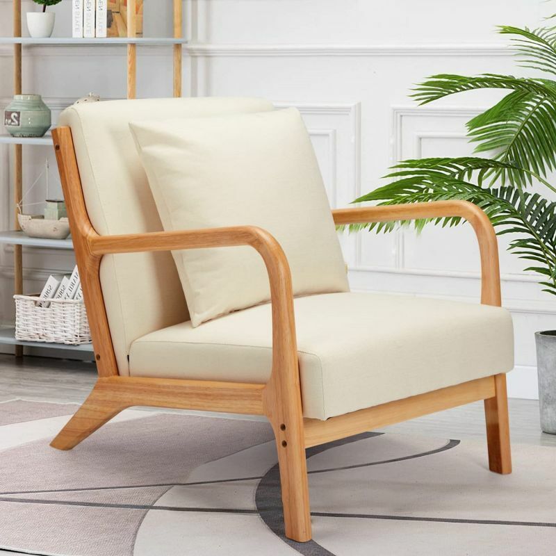 Accent Chair Upholstery Linen Retro Chair with Arm Living Room Furniture Beige - Yodolla