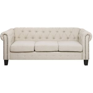 Beliani - Vintage Fabric 3 Seater Sofa Beige Polyester Buttoned Scroll Arms Chesterfield