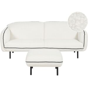 BELIANI 3 Seater Sofa Retro Glam Art Deco Couch with Ottoman Footstool Boucle Fleece Upholstery Metal Legs Black Edging Living Room White Tonsberg