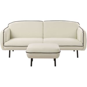 BELIANI 3 Seater Sofa Retro Glam Art Deco Couch with Ottoman Footstool Fabric Upholstery Metal Legs Black Edging Living Room Light Beige Tonsberg