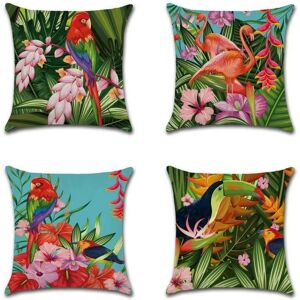 Alwaysh - Set of 4 Cushion Cover 45 x 45 cm Birds Flowers Tropical Plants Tropical Leaves Cotton Linen Decorative Pillow Case for Sofa Beds Decor