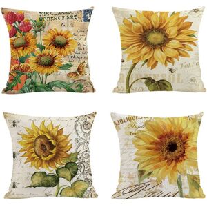 Alwaysh - Set of 4 Cushion Covers 45 x 45 cm, Farmhouse Decor, Sunflower Cotton Linen Pillowcases, Square Cushion Covers