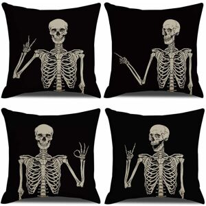ALWAYSH Skeleton Cushion Covers 18x18, Black Skull Outdoor Pillowcase, Set of 4 Decorative Cushion Covers, Gothic Cushion Cover for Sofa Bed, Car Chair,