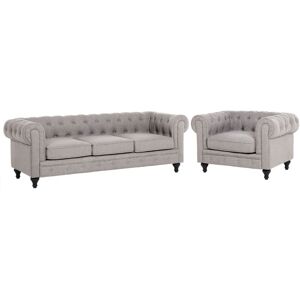 Beliani - Classic Chesterfield 3 Seater + Armchair Sofa Set Light Grey Fabric Chesterfield