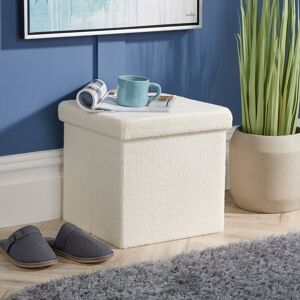 Home Source - Folding Ottoman Cream Boucle Teddy Bear Fabric Chest Solid Storage Square Box